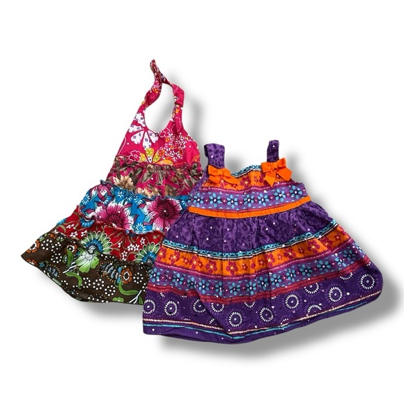 Set of 2 Colorful Floral Patterned Baby Dresses Size 12 Months Summer Tropical - Picture 1 of 13